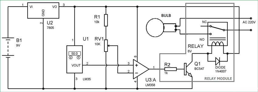 مدار کنترل دما با سنسور LM35 و سوئیچ